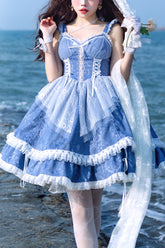 Blue Landing – Elegantes, süßes Lolita-Kleid mit Kordelzug und hochziehbarem Saum